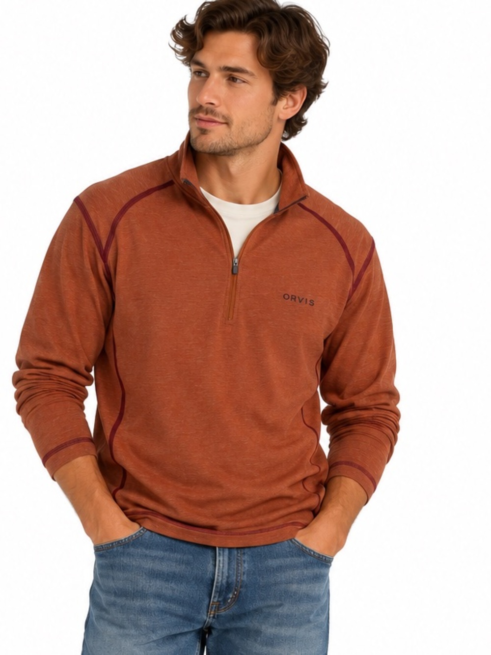 Orvis Orange 1/4 Zip Pullover Sweater Activewear Long Sleeved T-Shirt Size Med